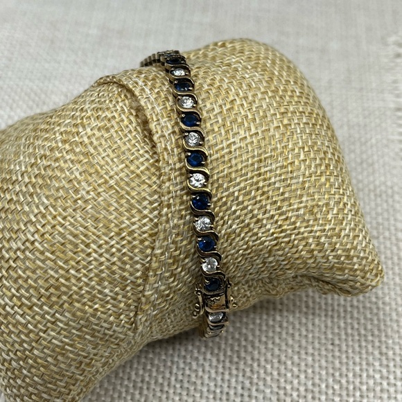 Vintage Estate Gold Over Sterling Silver Tennis Bracelet Sapphire Clear CZ 7.25" - Picture 10 of 16